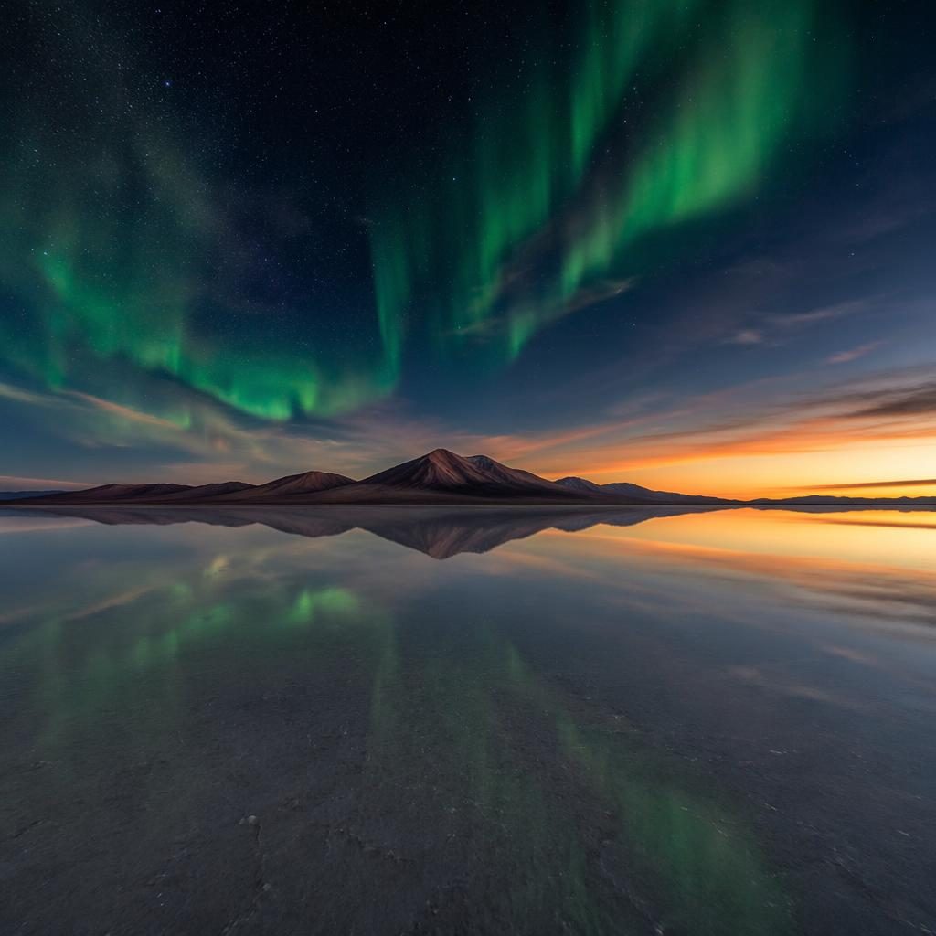 Aurora über den bolivianischen Salar de Uyuni bei goldenem Sonnenuntergang, spiegelnde Salzfläche, ruhige Stimmung