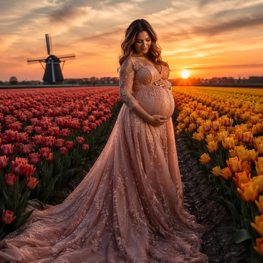 Full moon over a calm lake reflecting beside a spring tulip field in the Netherlands, with warm sunset tones and dramatic light.