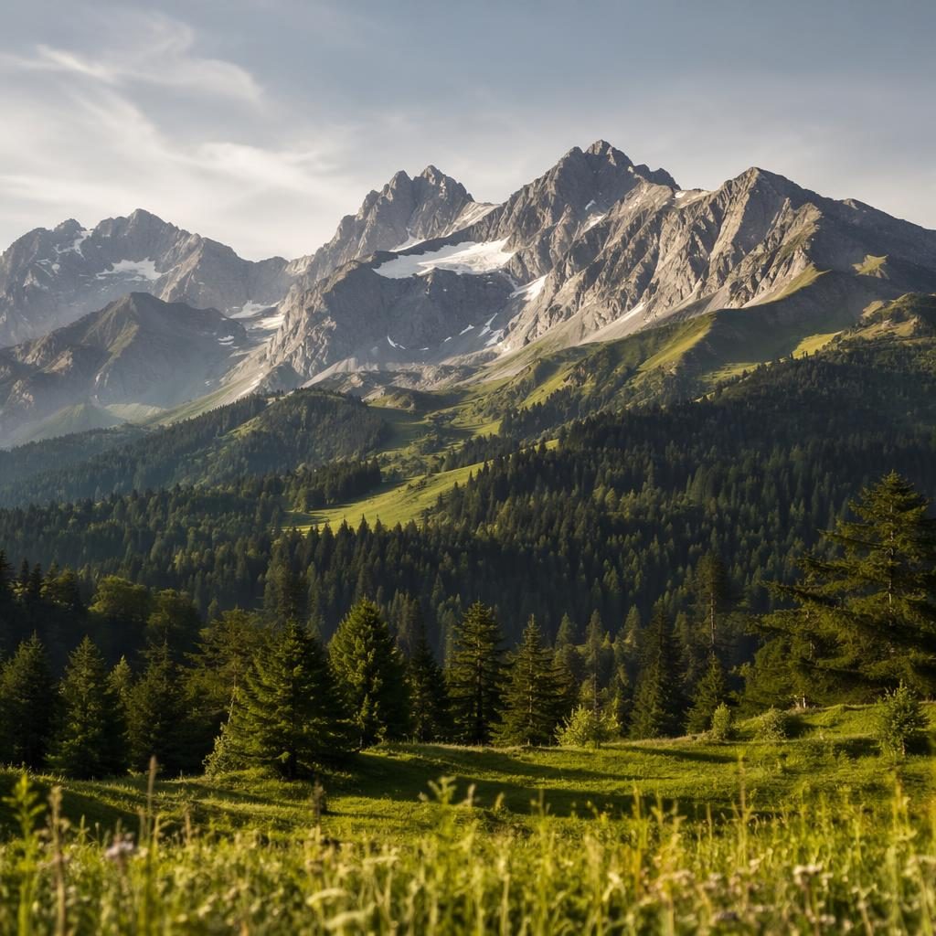 Morgennebel liegt über dichtem Bergwald und alpinen Hügeln bei klarem Himmel in natürlicher, fotorealistischer Landschaft.