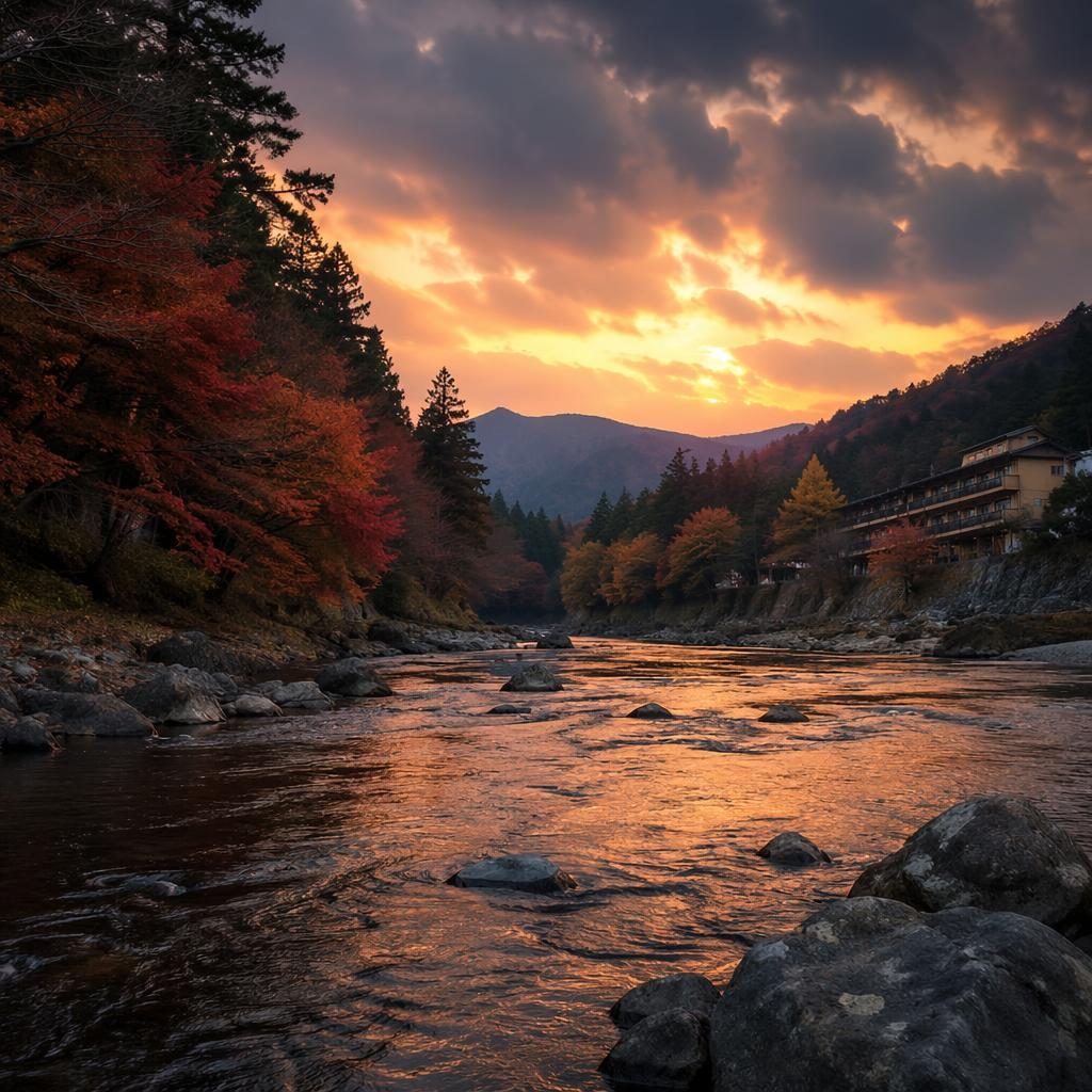Winter dusk over a Japanese momiji river valley with autumn forest, dramatic light, and a sharp photoreal landscape.