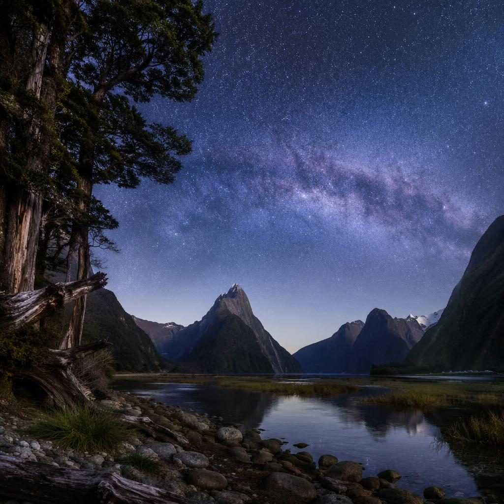 Old-growth redwood under the Milky Way above dramatic Milford Sound, with spring atmosphere and cinematic natural light.