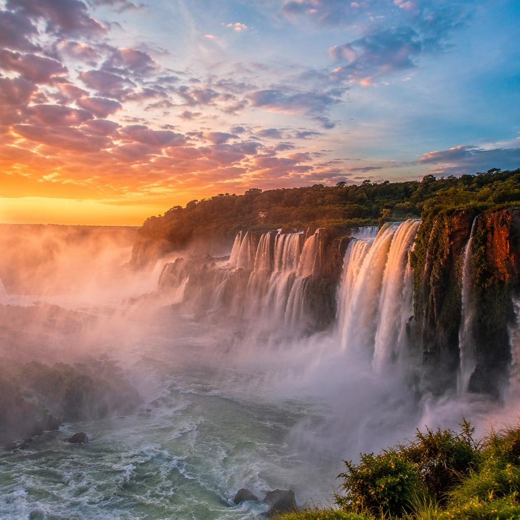 Panoramic view of Iguazu Falls at golden hour sunrise, with mist, lush greenery, and dramatic atmospheric light.