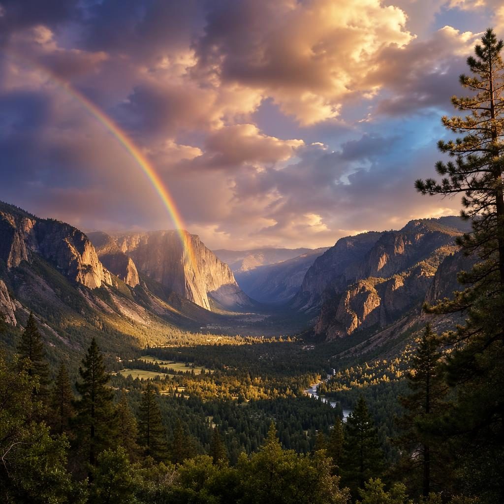 Rainbow over a rain-washed desert valley at sunset, with dramatic clouds, glowing ochre terrain, and vivid atmospheric light