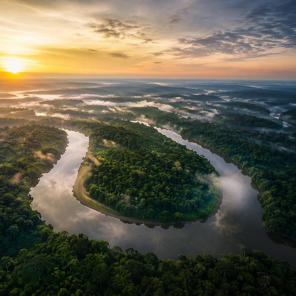 Aerial view of an Amazon River bend at foggy dawn, with lush rainforest, soft mist, and dramatic natural light.