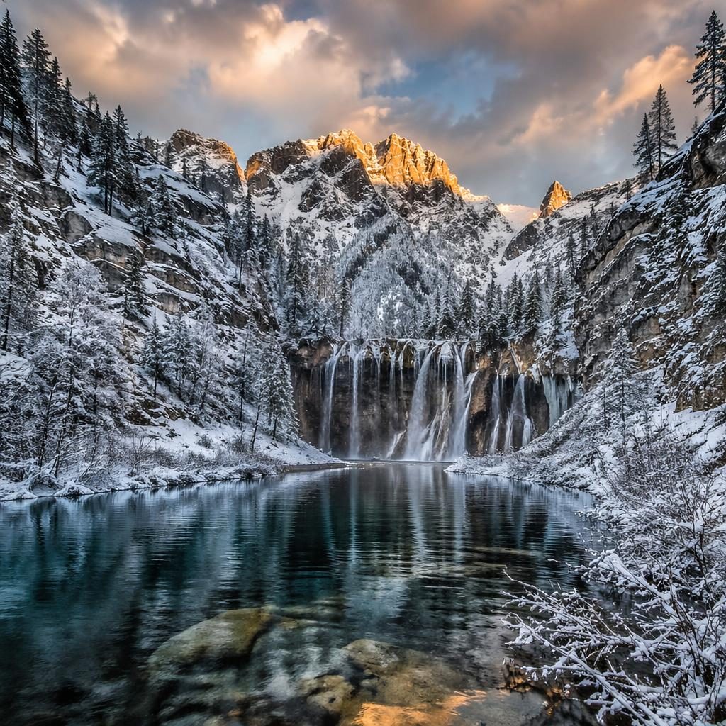 Plitvice Lakes spring waterfalls at golden hour sunrise with icy water, dramatic light, and a high-contrast monochrome look