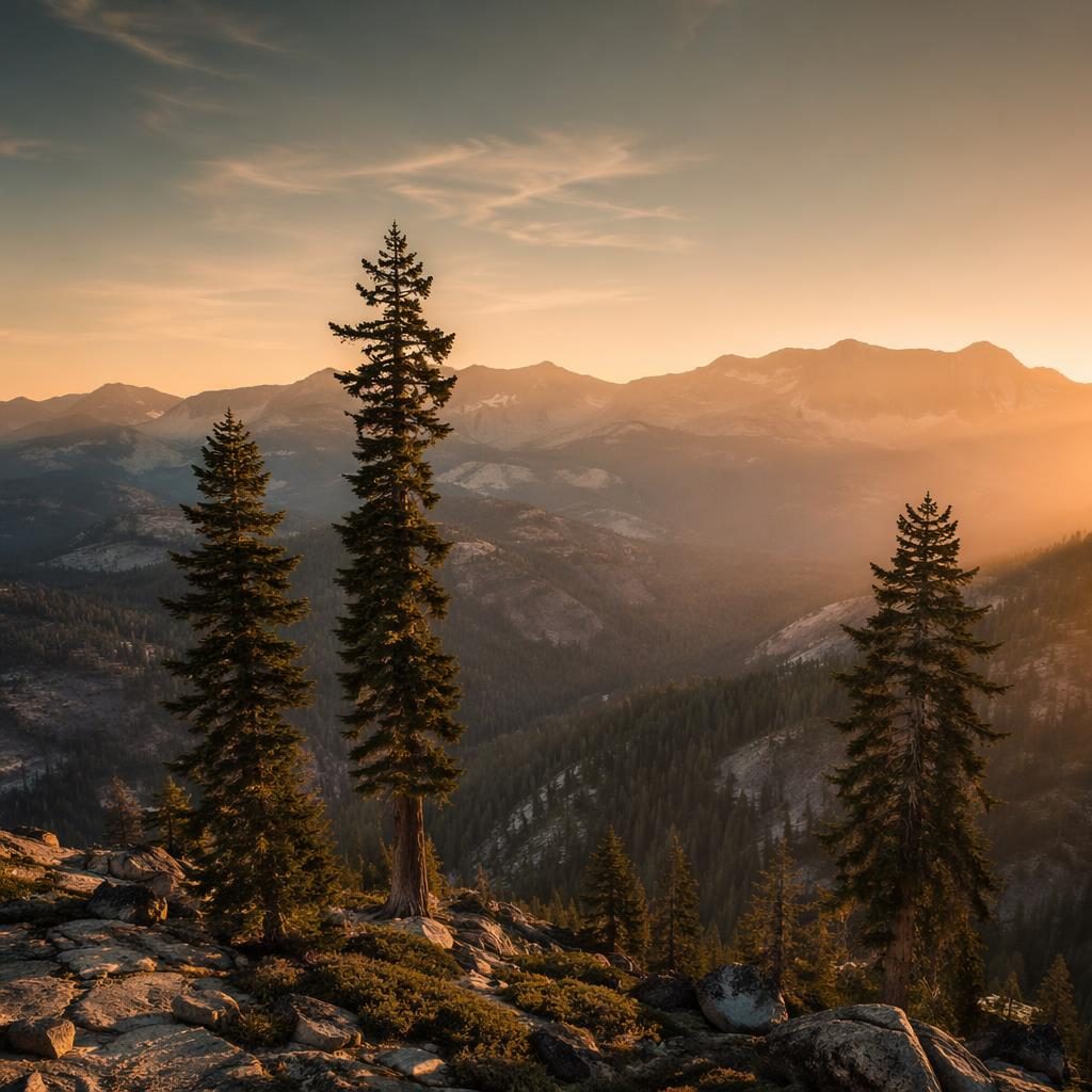Foggy summer desert sand dunes with giant sequoia trees in warm sunset light, minimalist and serene landscape.