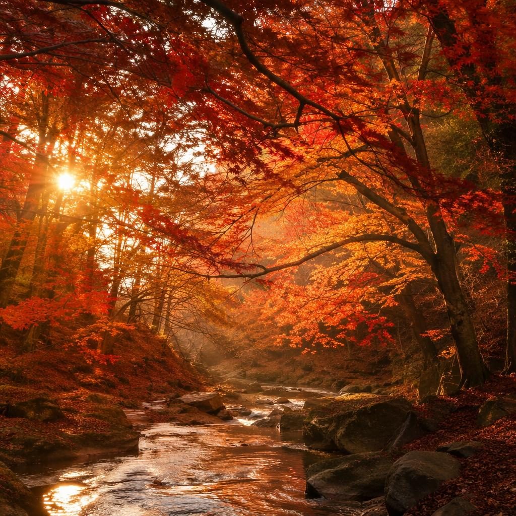 Japanischer Momiji-Wald im Herbst bei Sonnenaufgang mit warmem Licht, rotem Laub und nebliger Stimmung