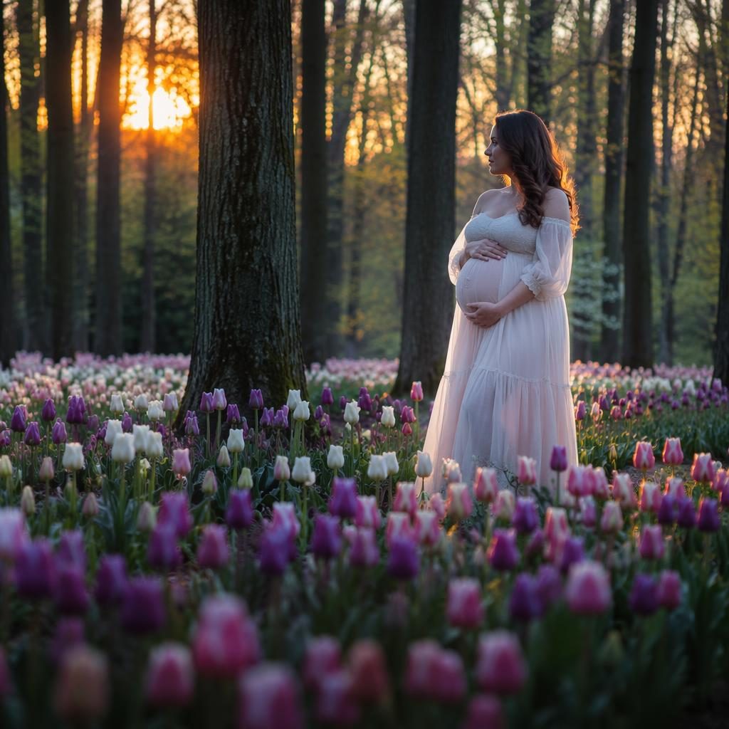 Spring tulip field in the Netherlands at dusk with cool blue and silver light, dense forest backdrop, cinematic landscape