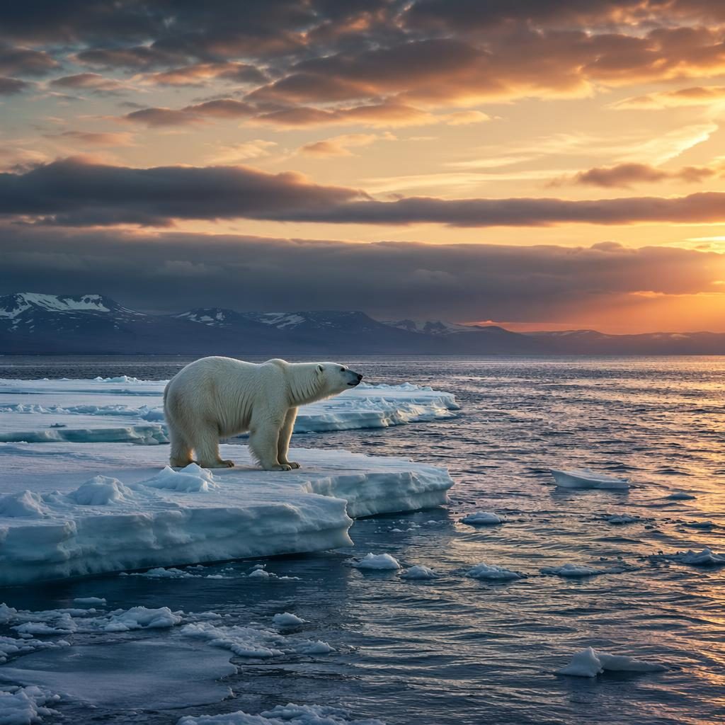 Oso polar sobre hielo frente a acantilados oceánicos dramáticos, cielo nublado y luz cálida de atardecer otoñal.