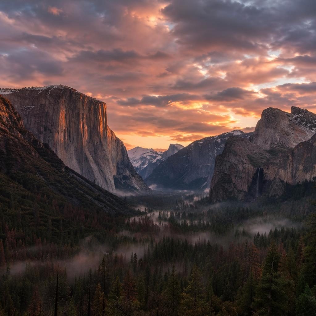 Vue photoréaliste d’El Capitan dans la vallée de Yosemite à l’aube, ciel couvert, lumière chaude et falaises nettes