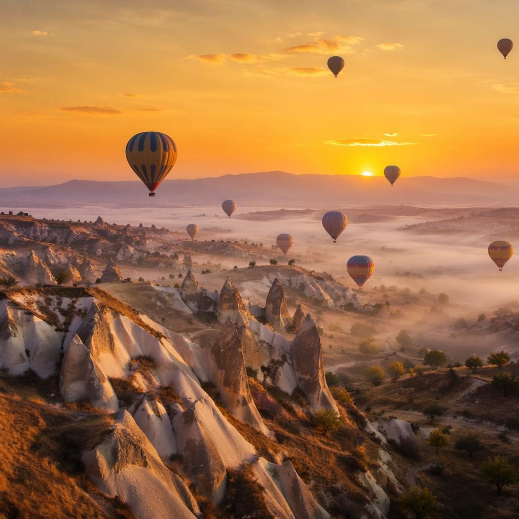 Dunas del desierto entre niebla matinal con globos aerostáticos al amanecer en Capadocia y luz cálida