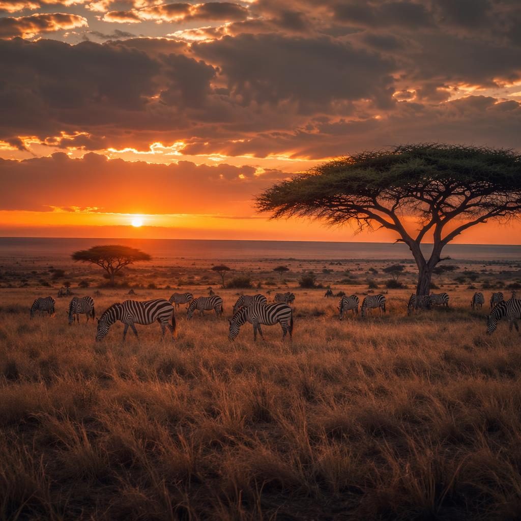 Stormy dusk over Serengeti grassland with canyon-like formations, autumn tones, muted pastel sky, and dramatic light