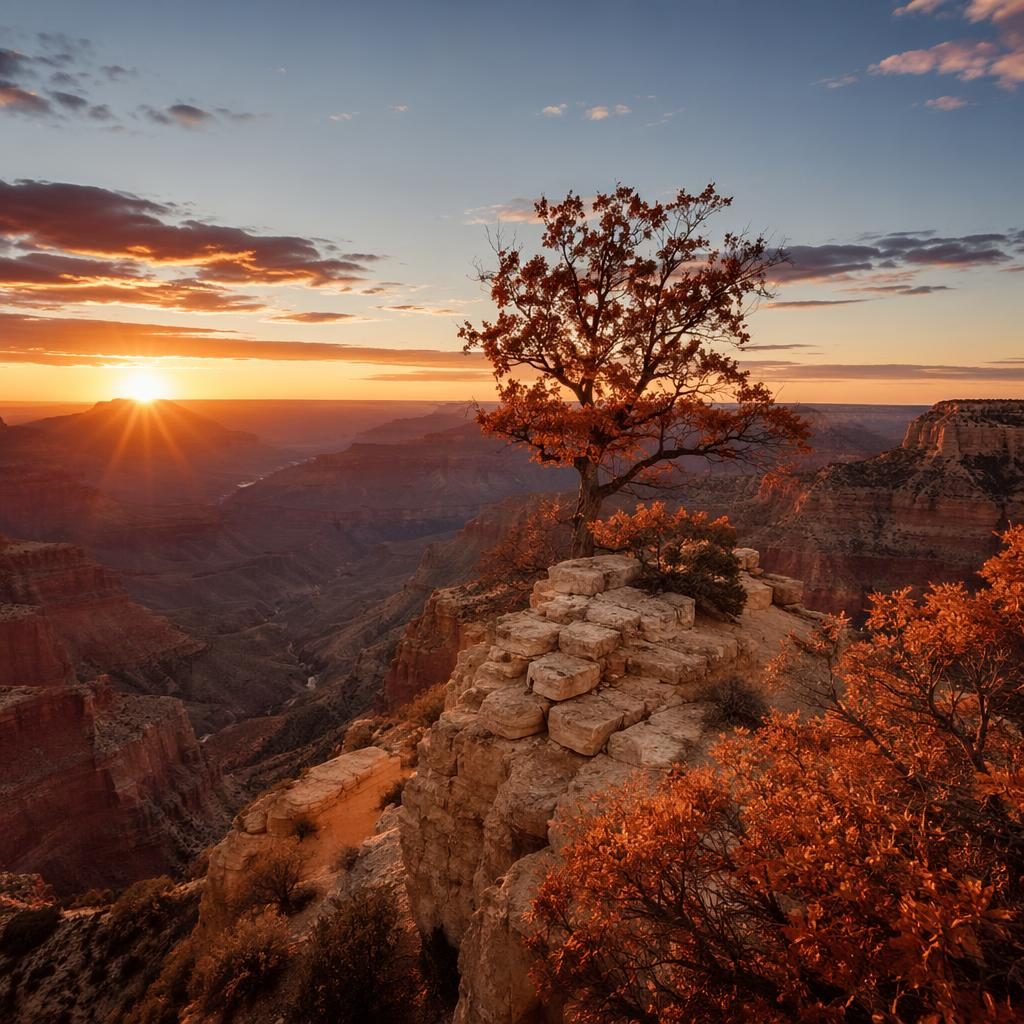 Photoreal Grand Canyon North Rim at sunrise with layered cliffs, autumn-toned forest, dramatic light, and sharp detail