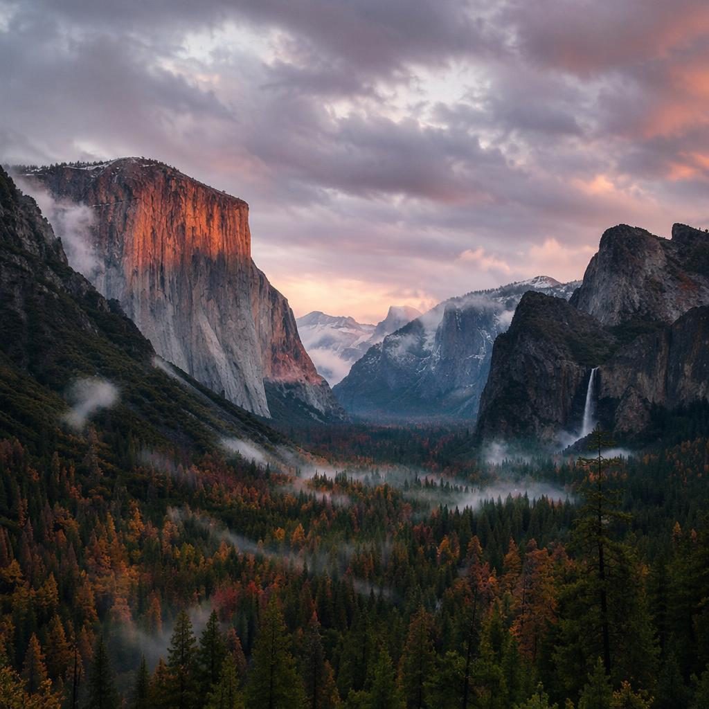 Photoreal Yosemite Valley at dawn with El Capitan, stormy autumn sky, muted pastel light and dramatic canyon atmosphere