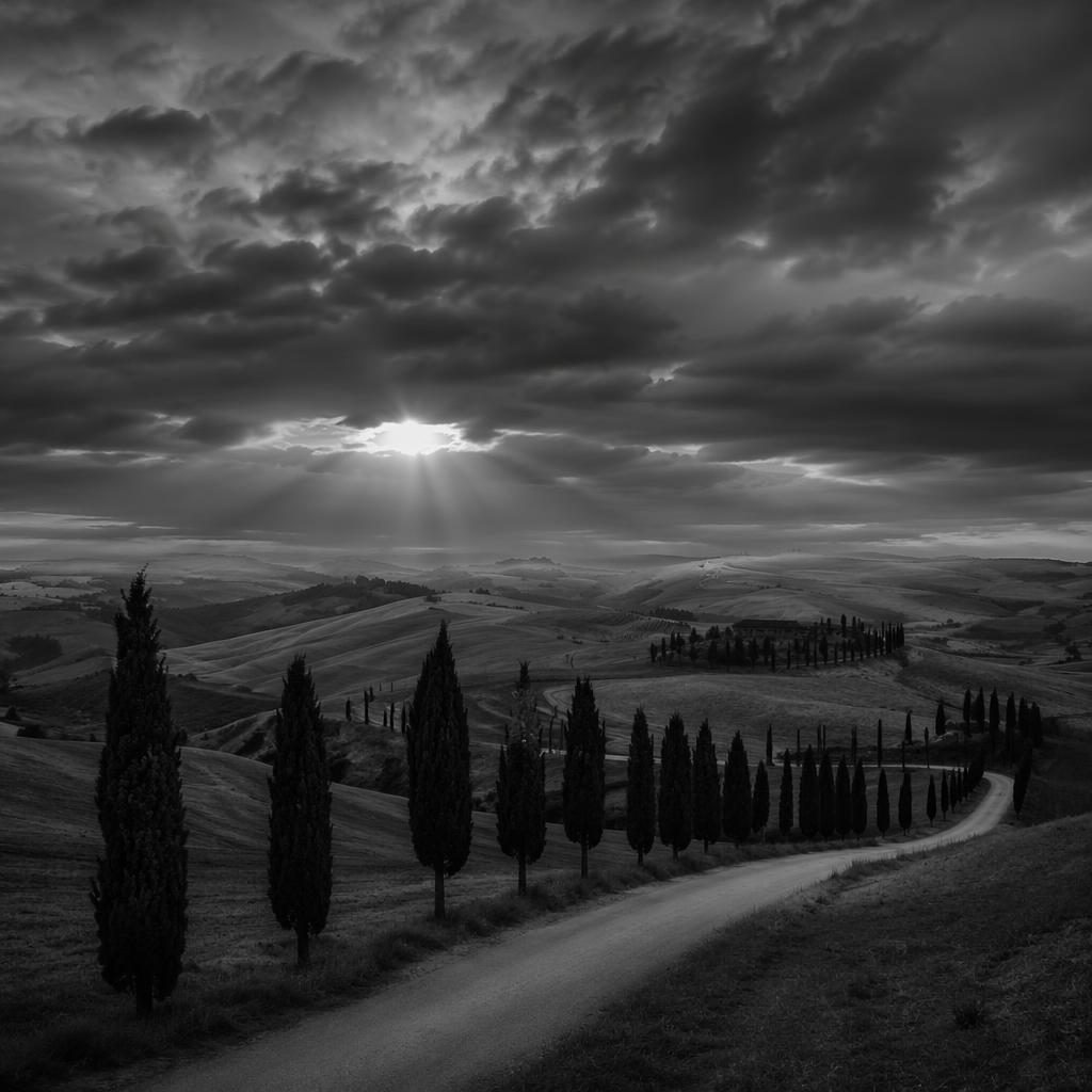 Monochrome landscape of Tuscan hills with cypress trees at sunset under a dramatic full moon sky.