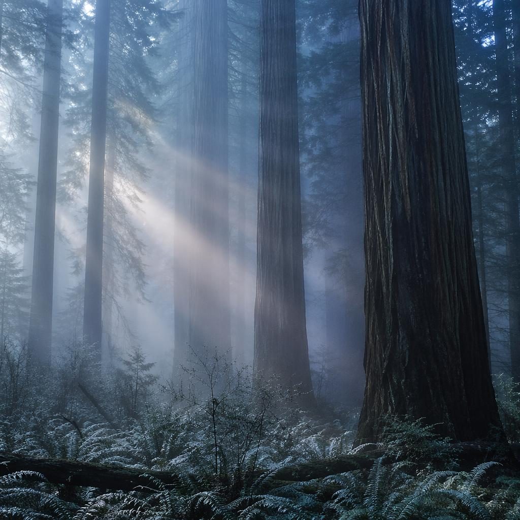 Old-growth redwood forest in winter fog with towering trunks, ferns, and cool light shafts through mist