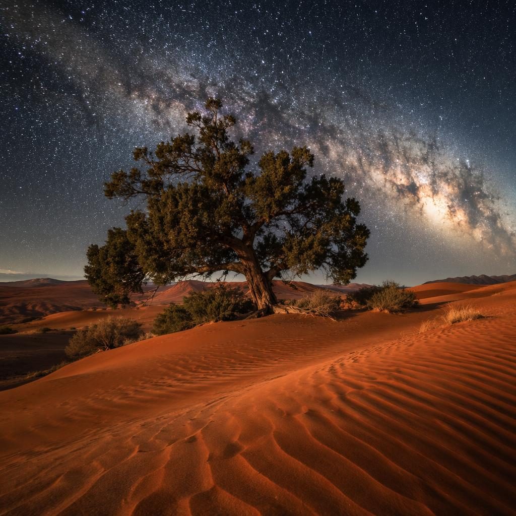 Milky Way above red sand dunes in Namibia with a lone old-growth redwood under dramatic spring night light