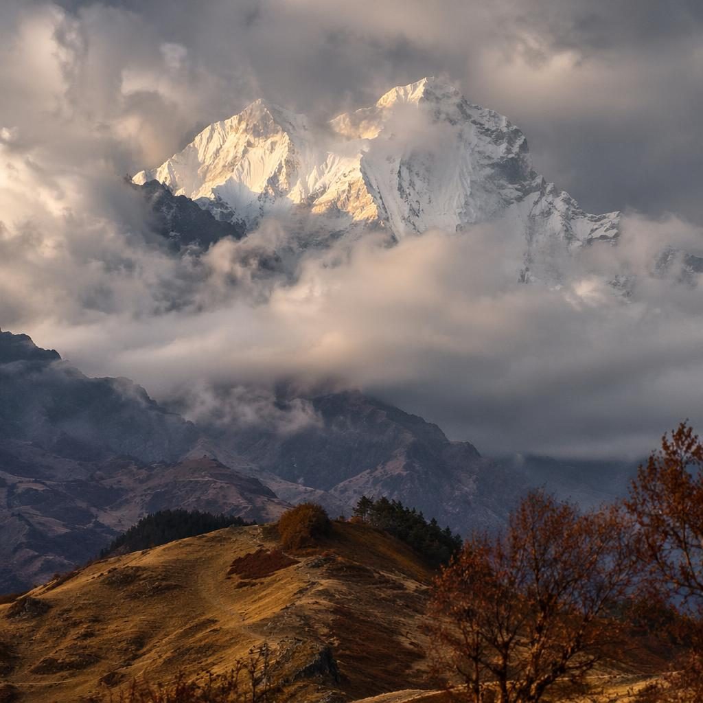 Foggy mountain landscape with dramatic storm clouds, autumn tones, and sharp atmospheric light over layered ridges.