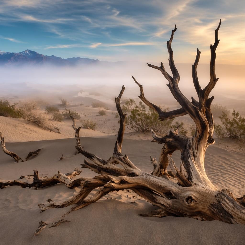 Dunes de sable de Mesquite à Death Valley au petit matin brumeux, lumière dramatique, tons vibrants, mise au point nette.