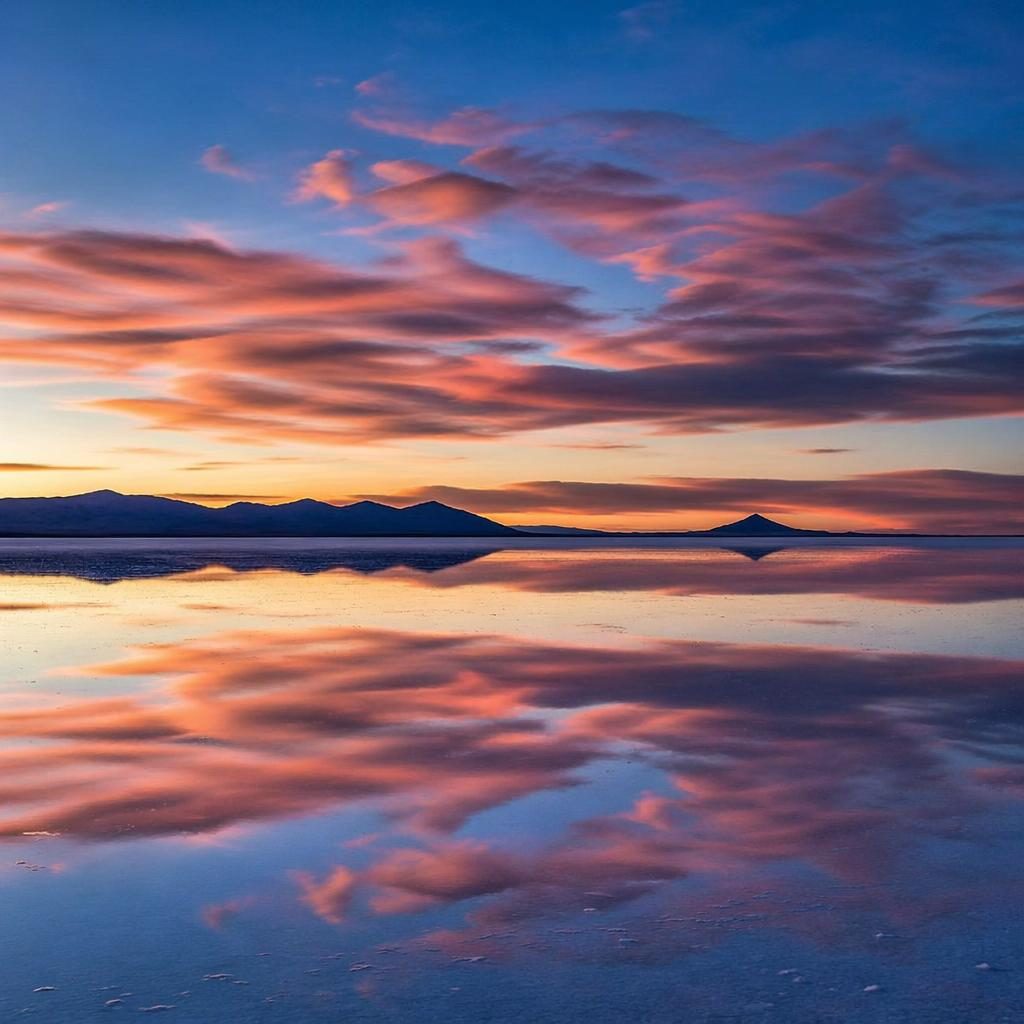Photorealistic Bolivia salt flats at dusk with mirror reflections, muted pastel sky, dramatic atmospheric light, and sharp focus.