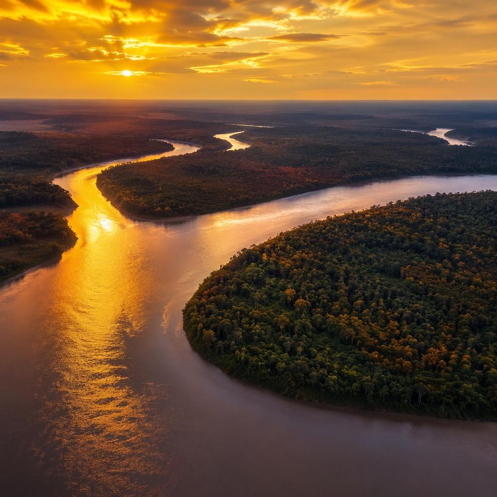 Vista aérea de una curva del río Amazonas al amanecer, con luz dorada, niebla suave y tonos oxidados de otoño.