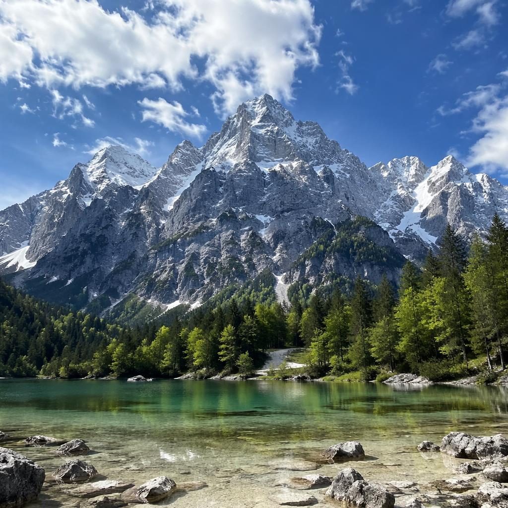 Photoreal alpine mountain landscape with a spring tulip field, clear midday sky, and serene natural light