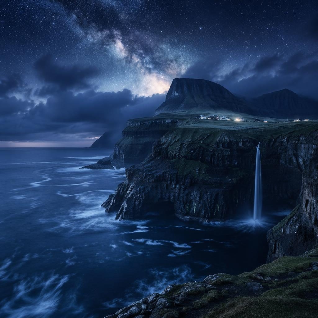 Black-and-white style Faroe Islands cliffs with a waterfall under the Milky Way, cool blue and silver storm light.
