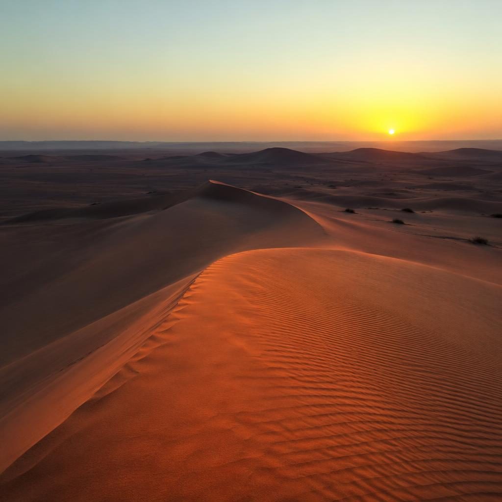 Sanfte Sahara-Dünen im Morgengrauen mit dramatischem Licht, scharfen Konturen und ruhiger, fotorealistischer Stimmung