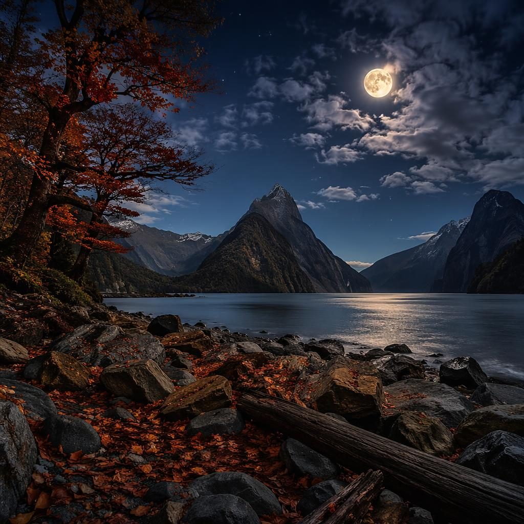 Herbstlicher Wald bei Vollmondnacht am Milford Sound mit rostfarbenem Laub, weichem Licht und scharfer Tiefe