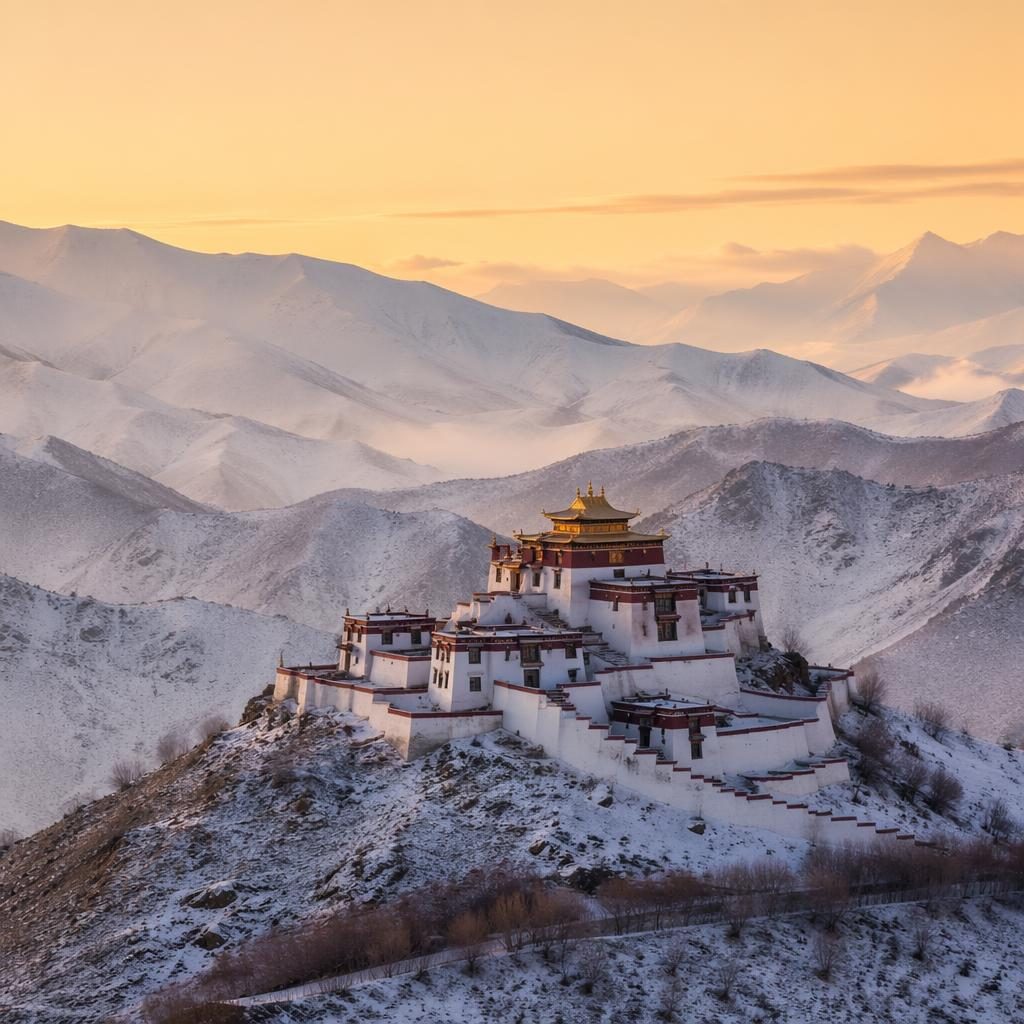 Snow-covered Tibetan Plateau monastery on a cliff under overcast skies, with serene winter light and dramatic atmosphere.