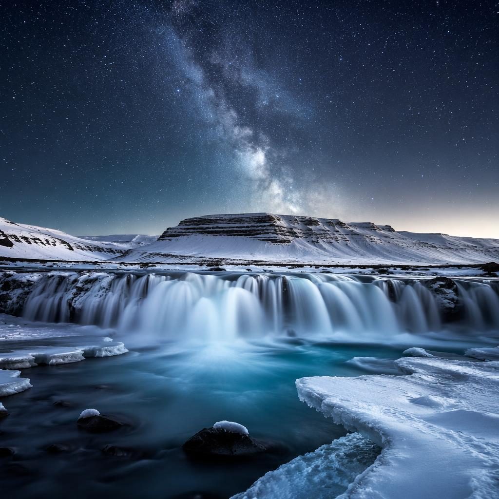 Cascada en paisaje ártico con oso polar sobre hielo bajo la Vía Láctea, tonos azules y plateados