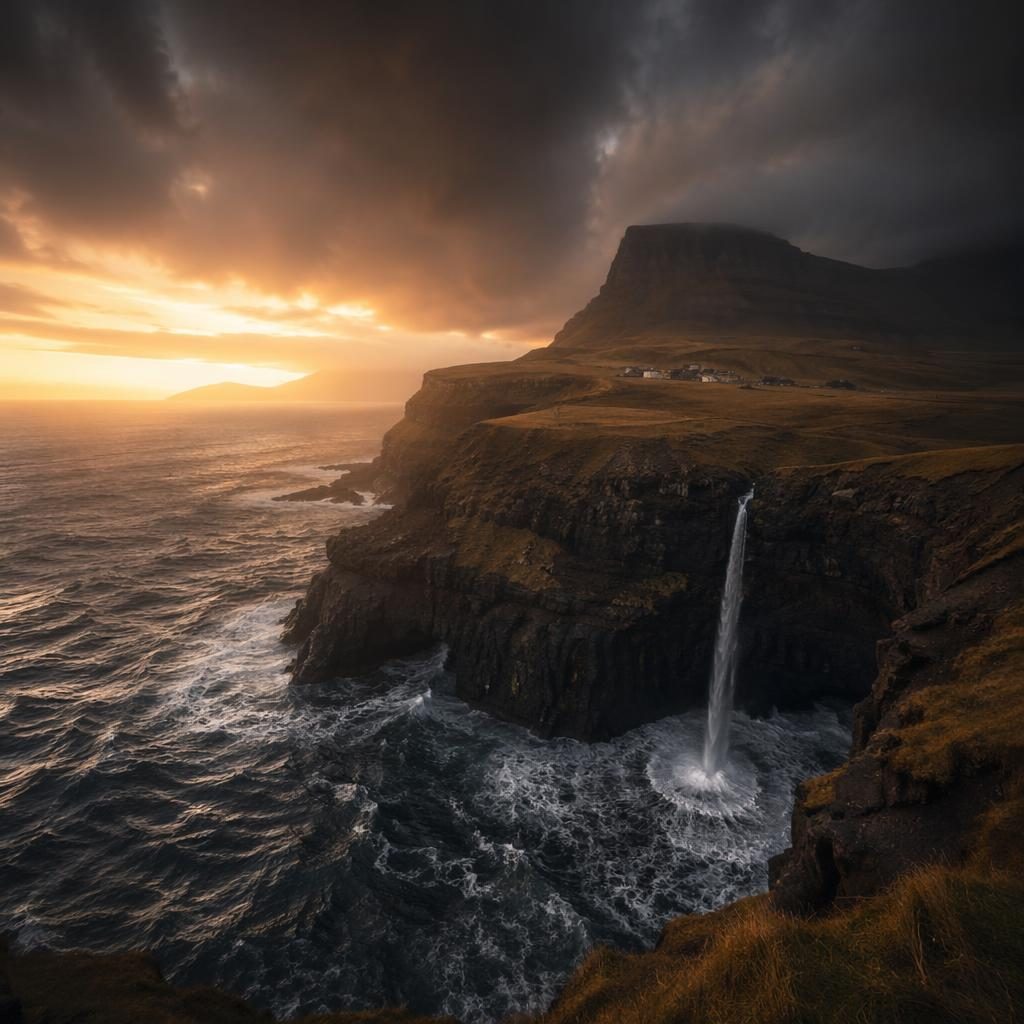 Aurora over stormy Faroe Islands cliffs at sunset with dramatic clouds, ochre tones, and cinematic natural light