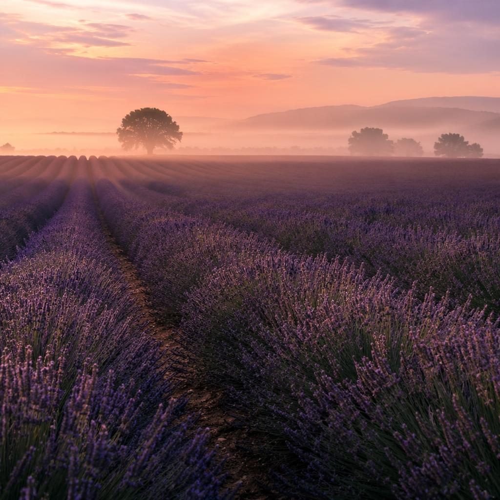Foggy summer morning over a lavender field in Provence with wildflowers, soft rust tones, and dramatic natural light