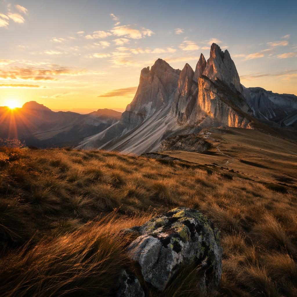 Alpine mountain landscape at sunrise with autumn trees, dramatic golden hour light, and sharp atmospheric detail