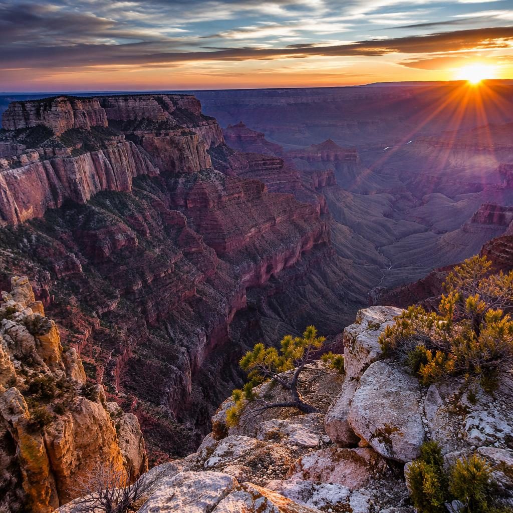 Sunrise over the Grand Canyon North Rim with layered cliffs, dramatic light, clear summer sky, and sharp scenic detail.