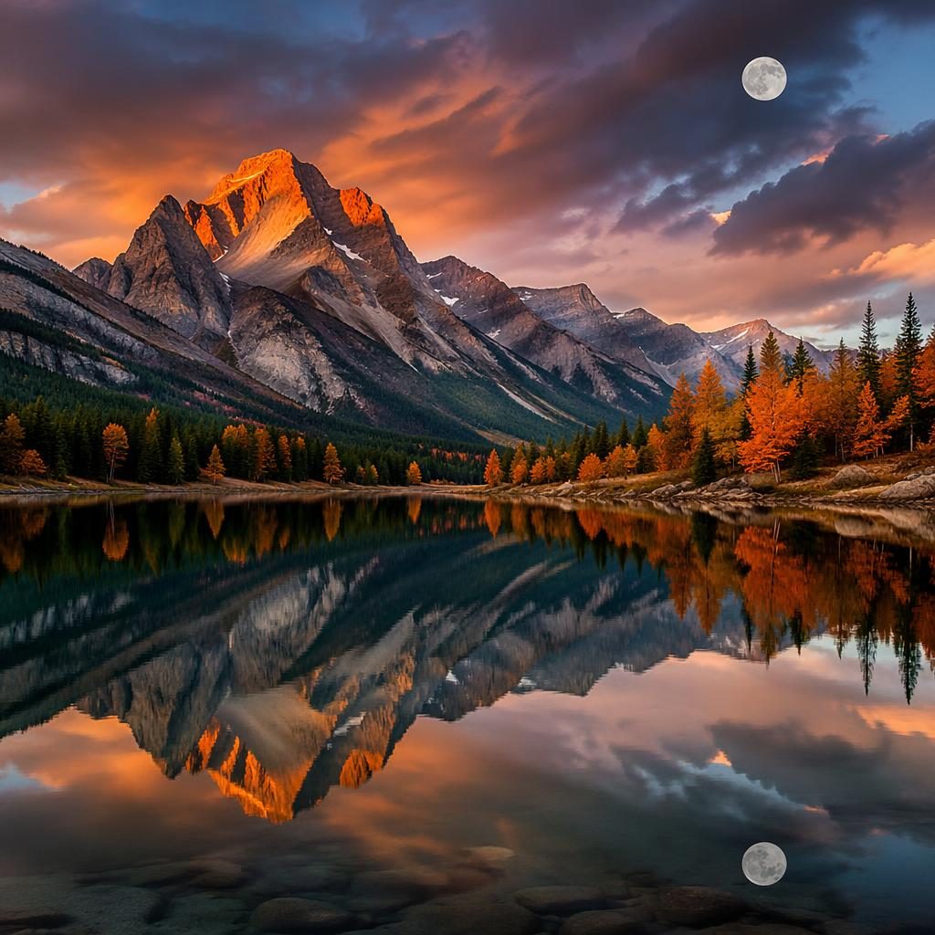 Herbstlicher Bergsee in den kanadischen Rockies bei Vollmond mit klarer Spiegelung, dramatischem Licht und warmen Farben