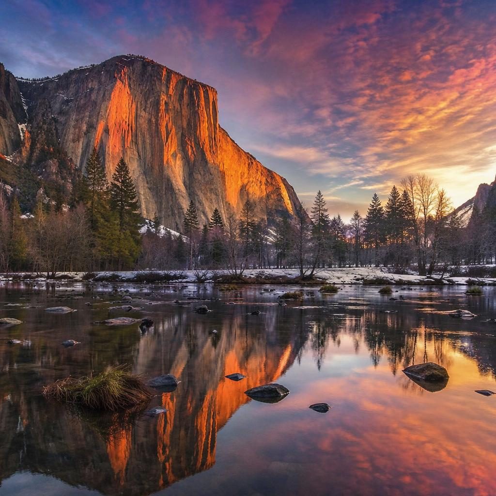 Vue photoréaliste de la vallée de Yosemite avec El Capitan à l’aube, ciel dramatique aux tons dorés et atmosphère nette.