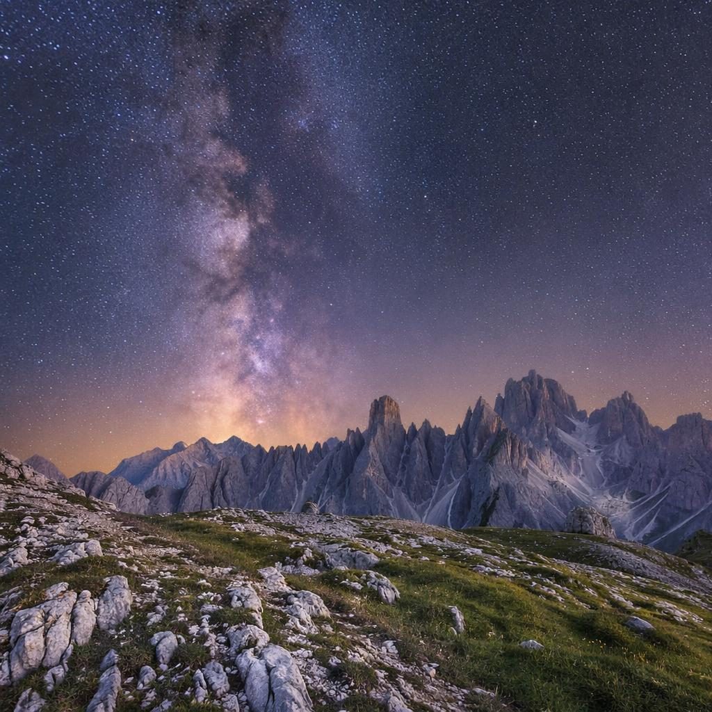 Milky Way over sharp Dolomites peaks at golden hour sunset with pastel HDR light and dramatic atmospheric glow
