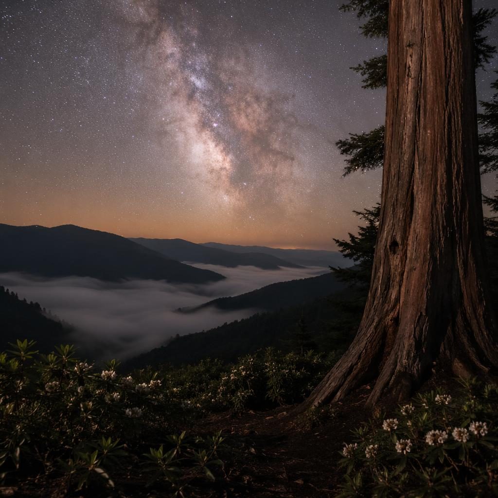 Foggy Great Smoky Mountains landscape with an old-growth tree under a starry spring sky, serene and photorealistic.