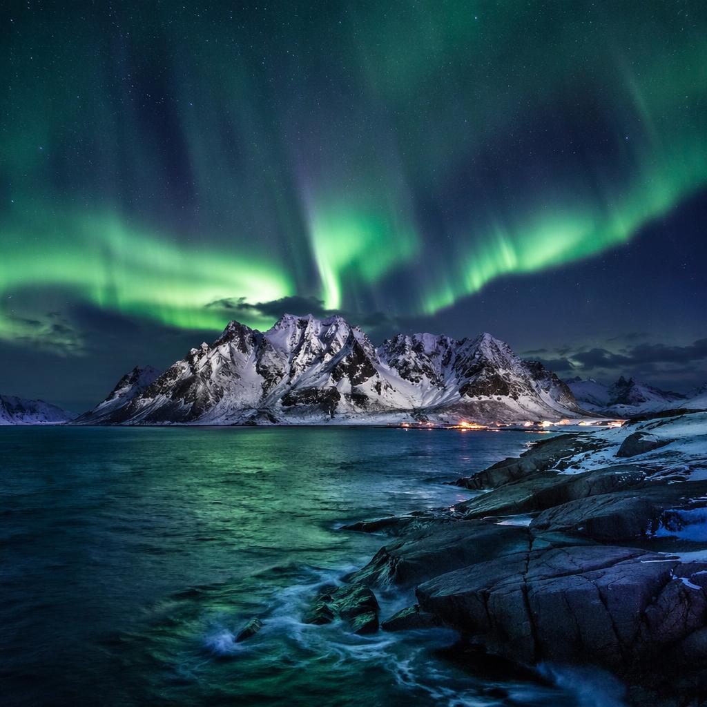 Stormy winter landscape in the Lofoten Islands with aurora over a dramatic canyon-like fjord and muted pastel light