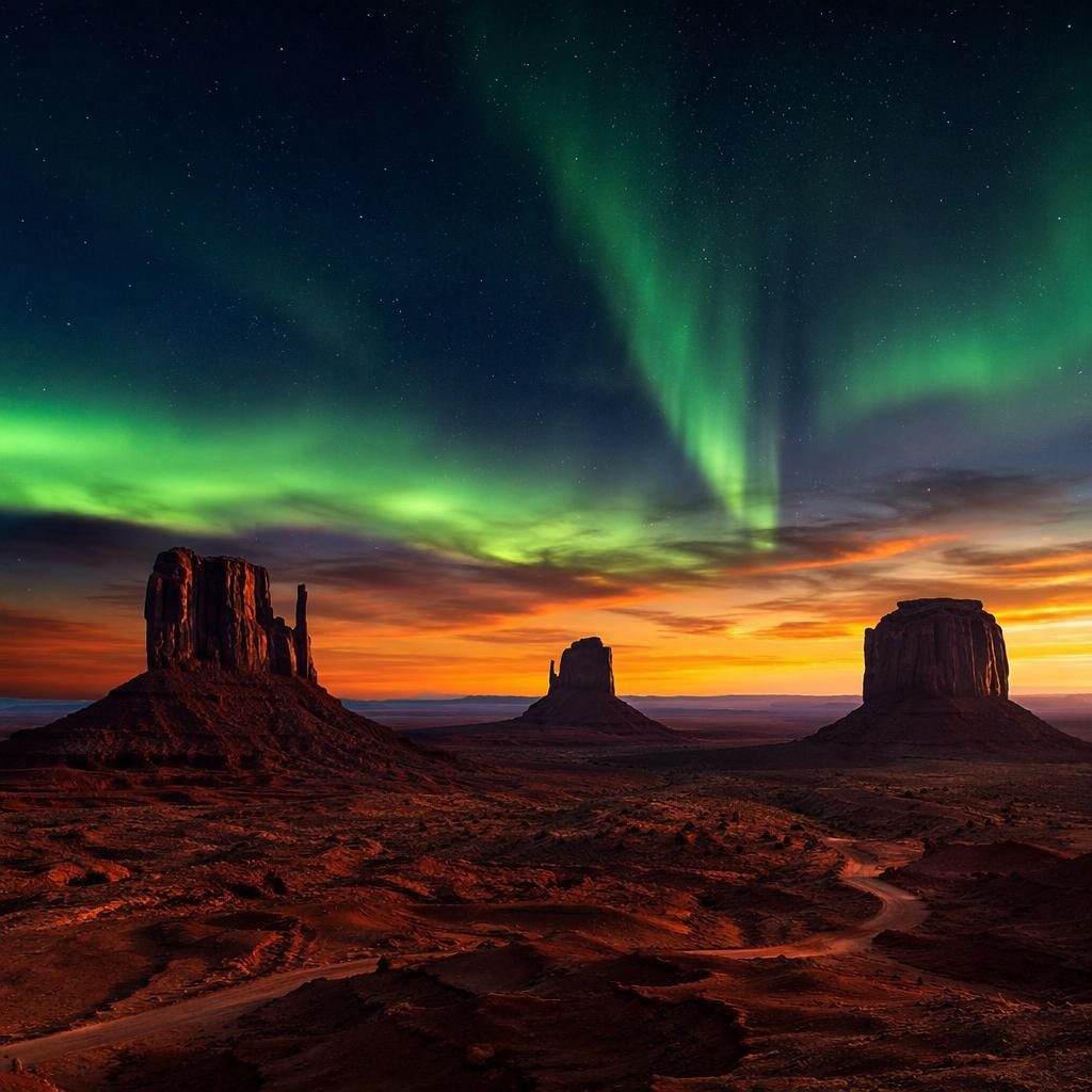 Photoreal landscape of Monument Valley red rock buttes at sunset beneath a vivid aurora sky in sharp focus.