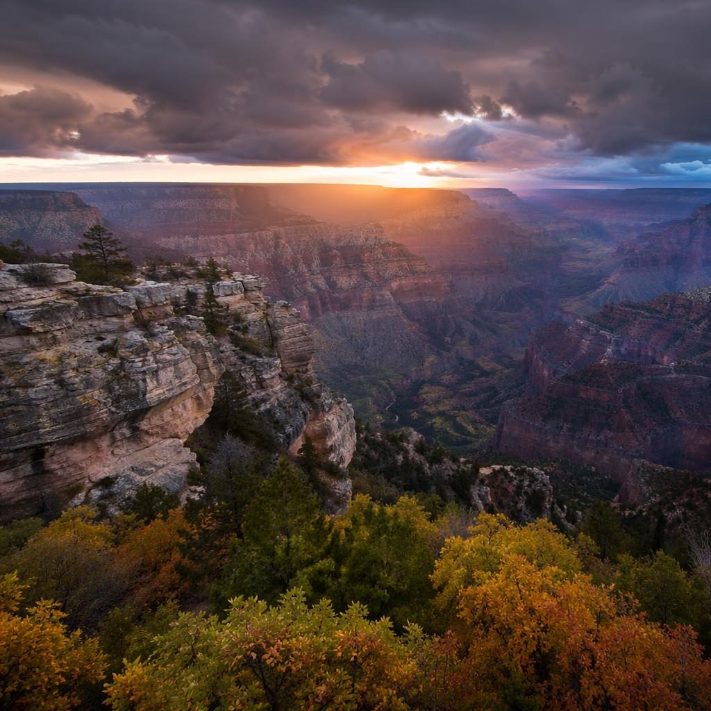 Stormy sunrise over the Grand Canyon North Rim in autumn, with layered cliffs, muted pastel light, and dramatic clouds.
