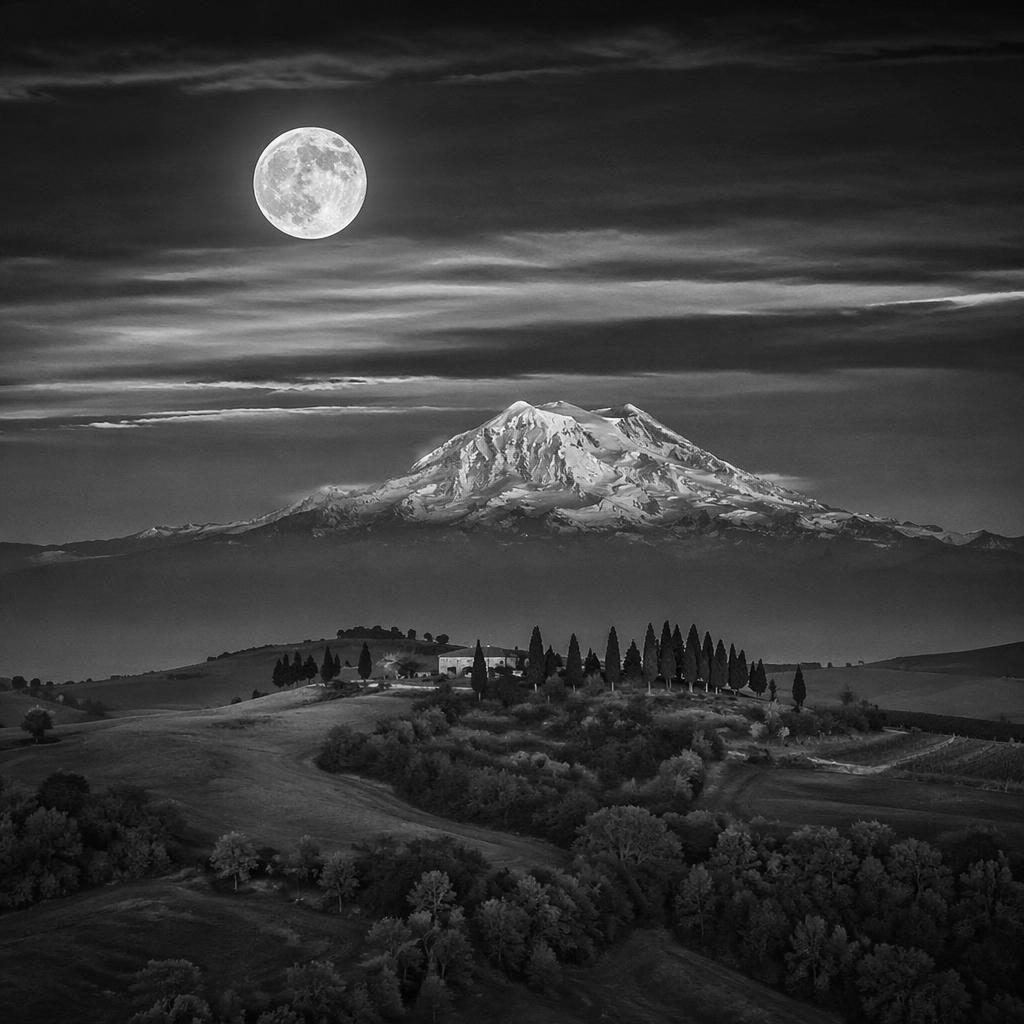 Photoreal landscape of Tuscan hills with cypress trees at sunset and a distant Mount Rainier background.