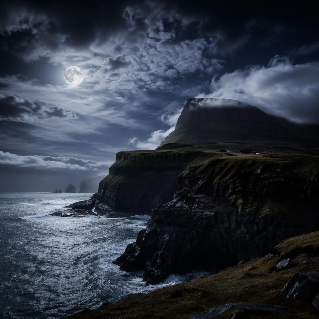 Moonlit storm over Faroe Islands sea cliffs and autumn forest, rendered in high-contrast monochrome with dramatic clouds