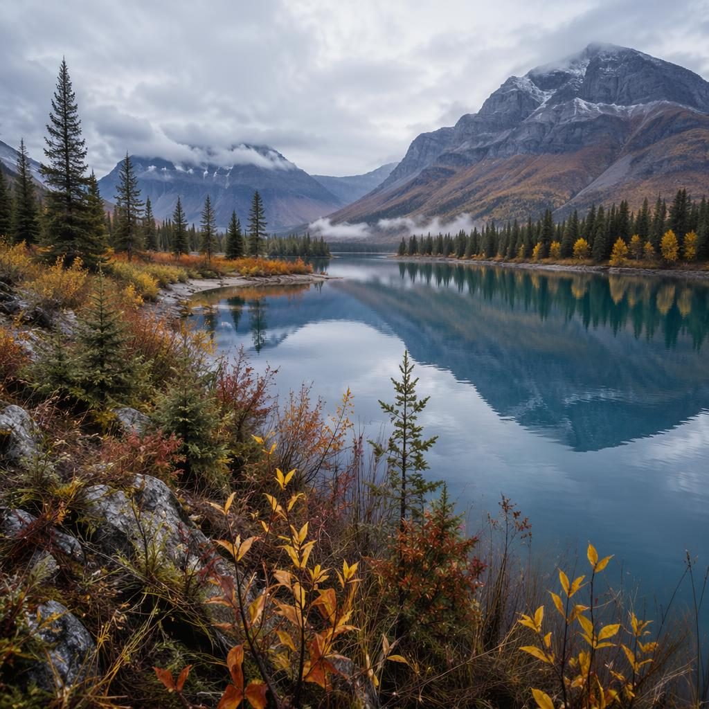 Foggy autumn lake in the Canadian Rockies with wildflower meadow, rust-toned foliage, and dramatic morning light