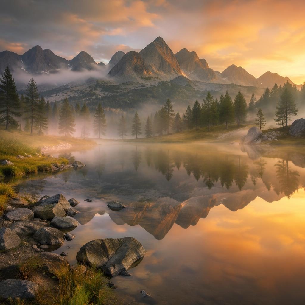 Mist drifting over an alpine lake at dawn with calm water, mountain shoreline, and soft warm light