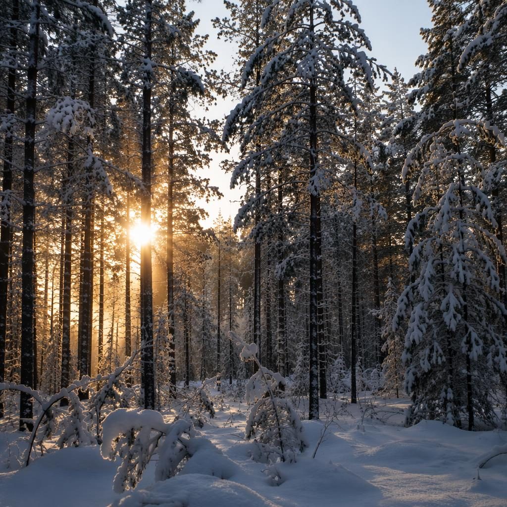 Arctic ice at golden hour sunrise with pine forest snowfall, dramatic monochrome tones and sharp cinematic detail.
