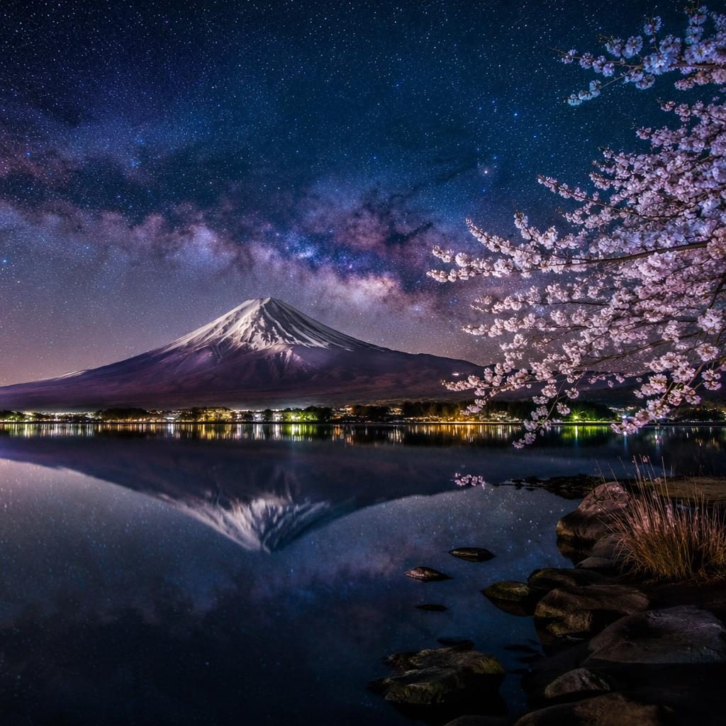Full moon night lake reflecting Mount Fuji and cherry blossoms under a dramatic milky way landscape sky.