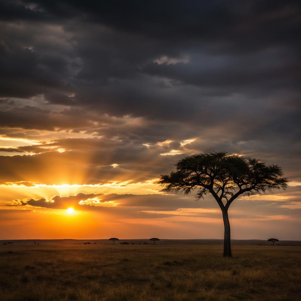 Serengeti-Grasland in der Dämmerung mit weiten Ebenen, dramatischem Himmel und weichem, atmosphärischem Licht