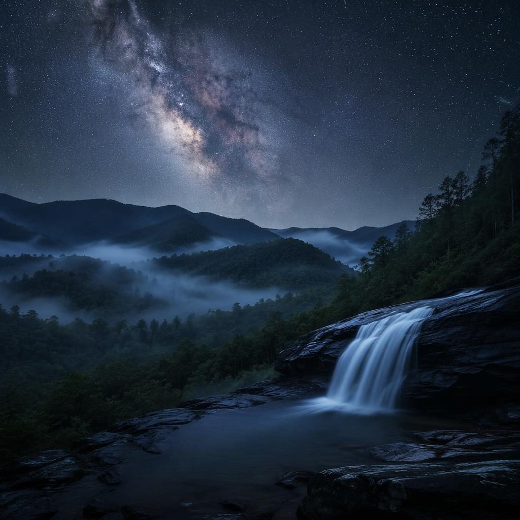 Foggy Great Smoky Mountains waterfall beneath a starry Milky Way sky in spring, with cool blue and silver tones.